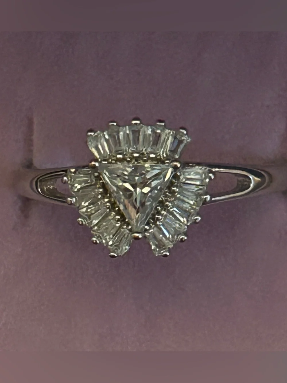 Triangular & Baguette Cut Halo Moissanite Ring in Sterling Silver Size 8.50